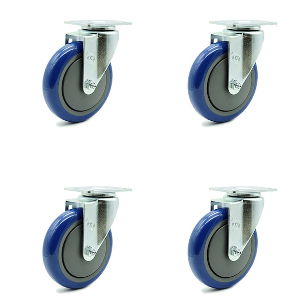 5 Inch Blue Polyurethane Wheel Swivel Top Plate Caster Set